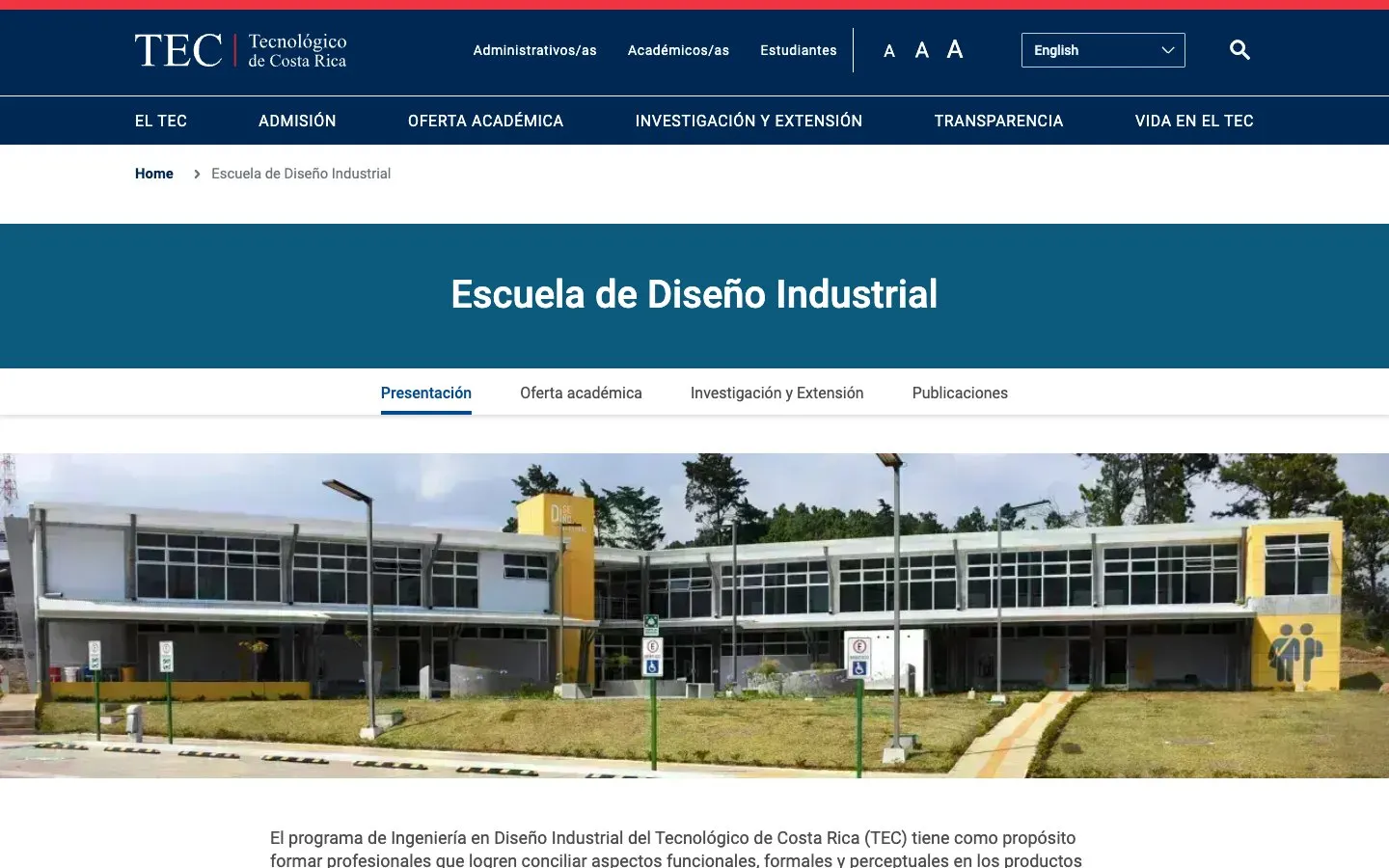 The website of TEC – Escuela de Diseño Industrial