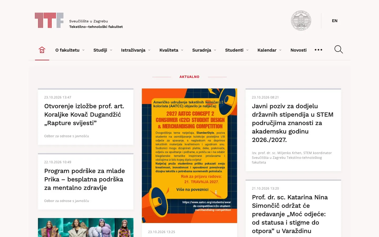 The website of Tekstilno-tehnološki fakultet (TTF Zagreb)