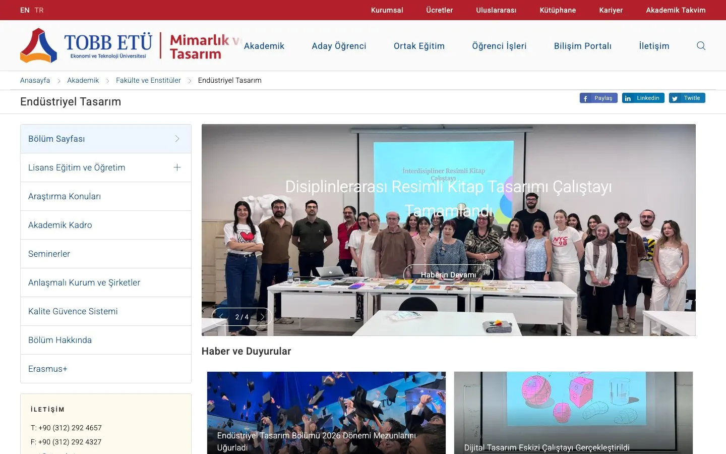 El sitio web de TOBB Ekonomi ve Teknoloji Üniversitesi – Endüstriyel Tasarım Bölümü
