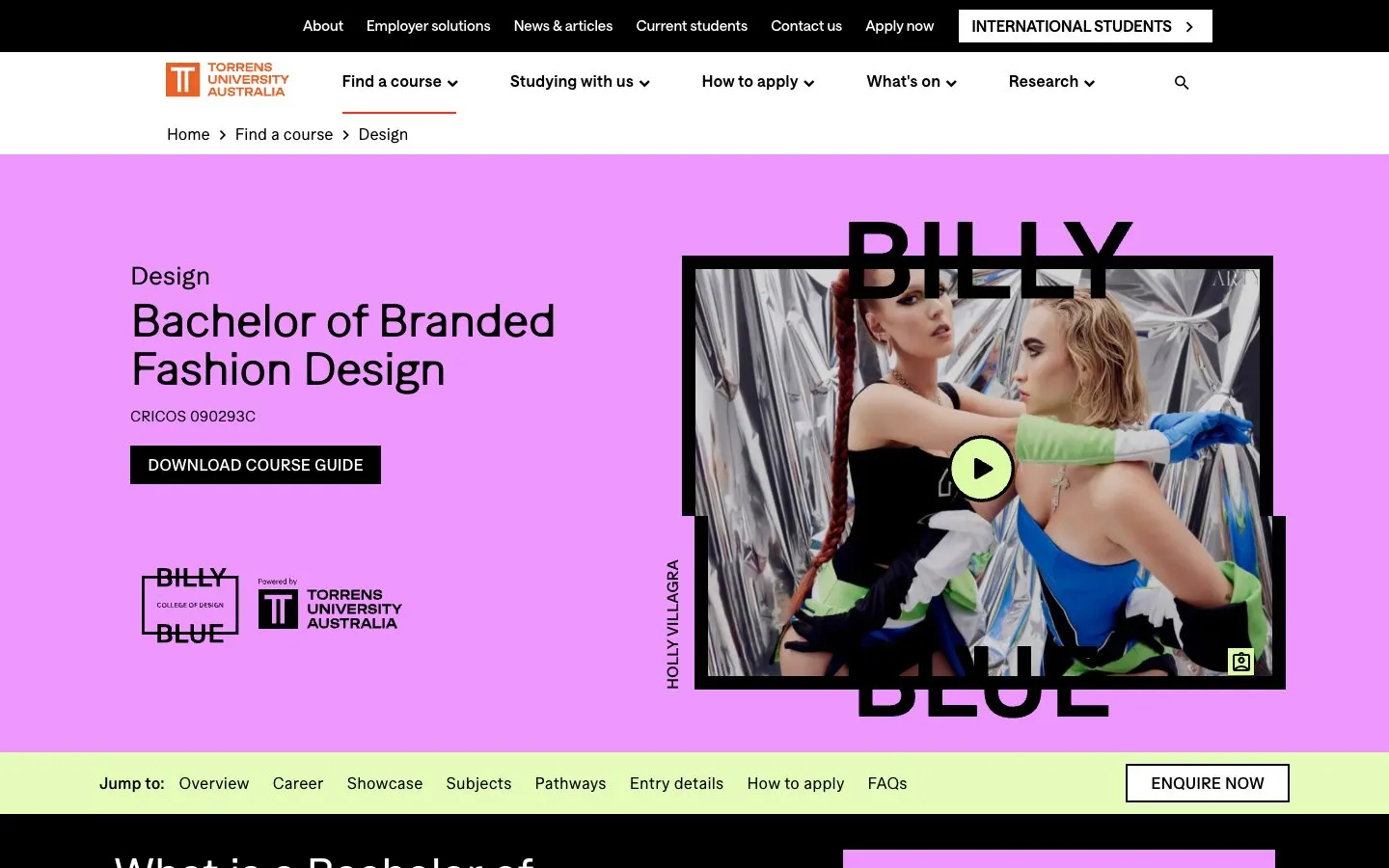 The website of Torrens University – Billy Blue College of Design (Fashion)