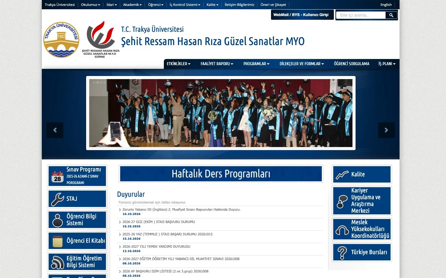 The website of Trakya Üniversitesi – Şehit Ressam Hasan Rıza Güzel Sanatlar Meslek Yüksekokulu