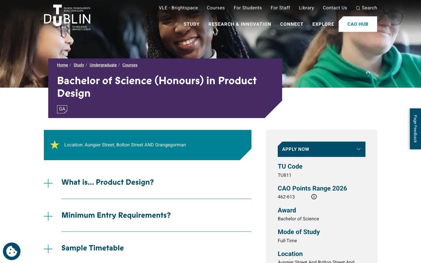 Die Website von TU Dublin – Product Design