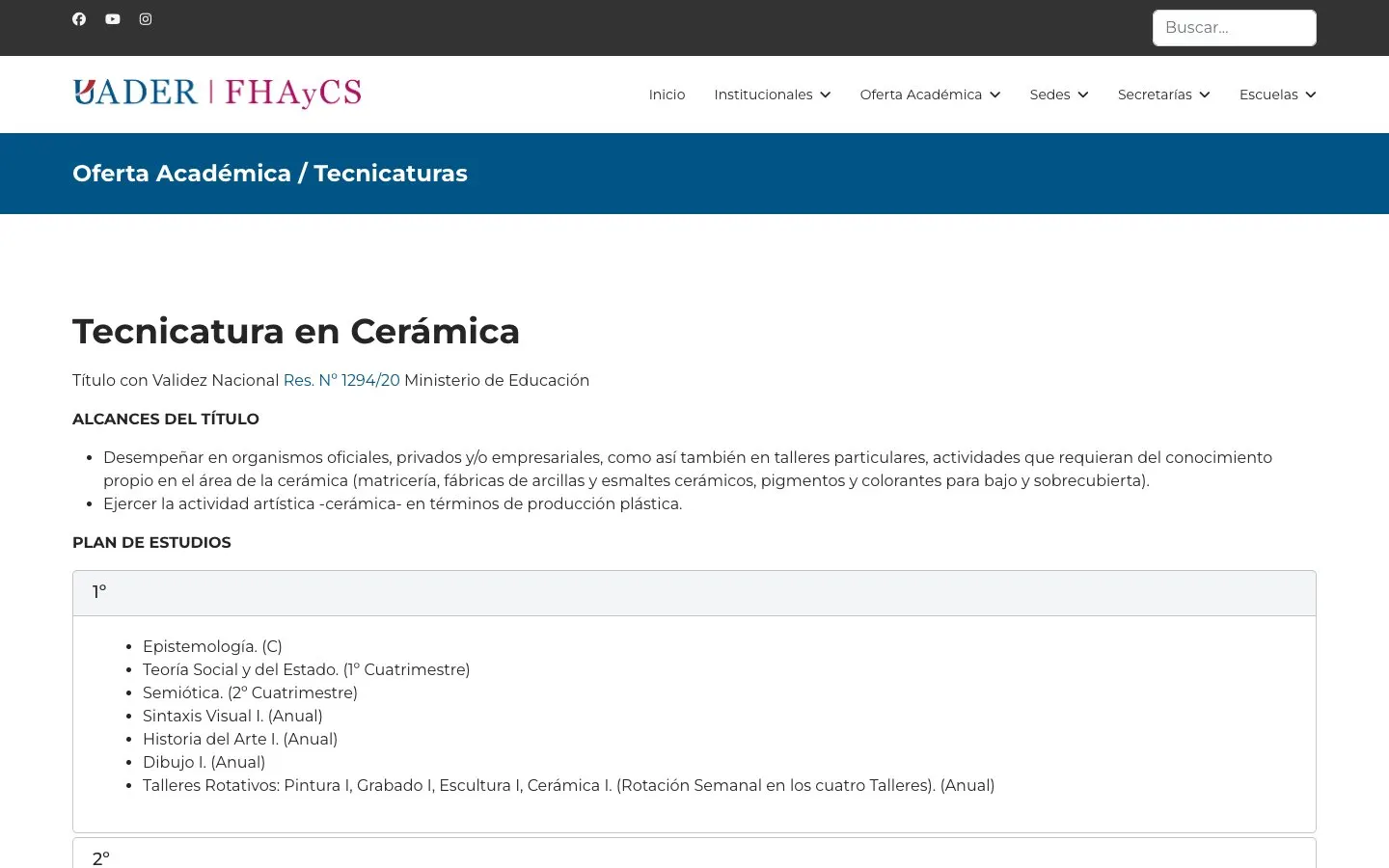 The website of UADER – Escuela de Artes Visuales «Profesor Roberto López Carnelli» (FHAyCS)