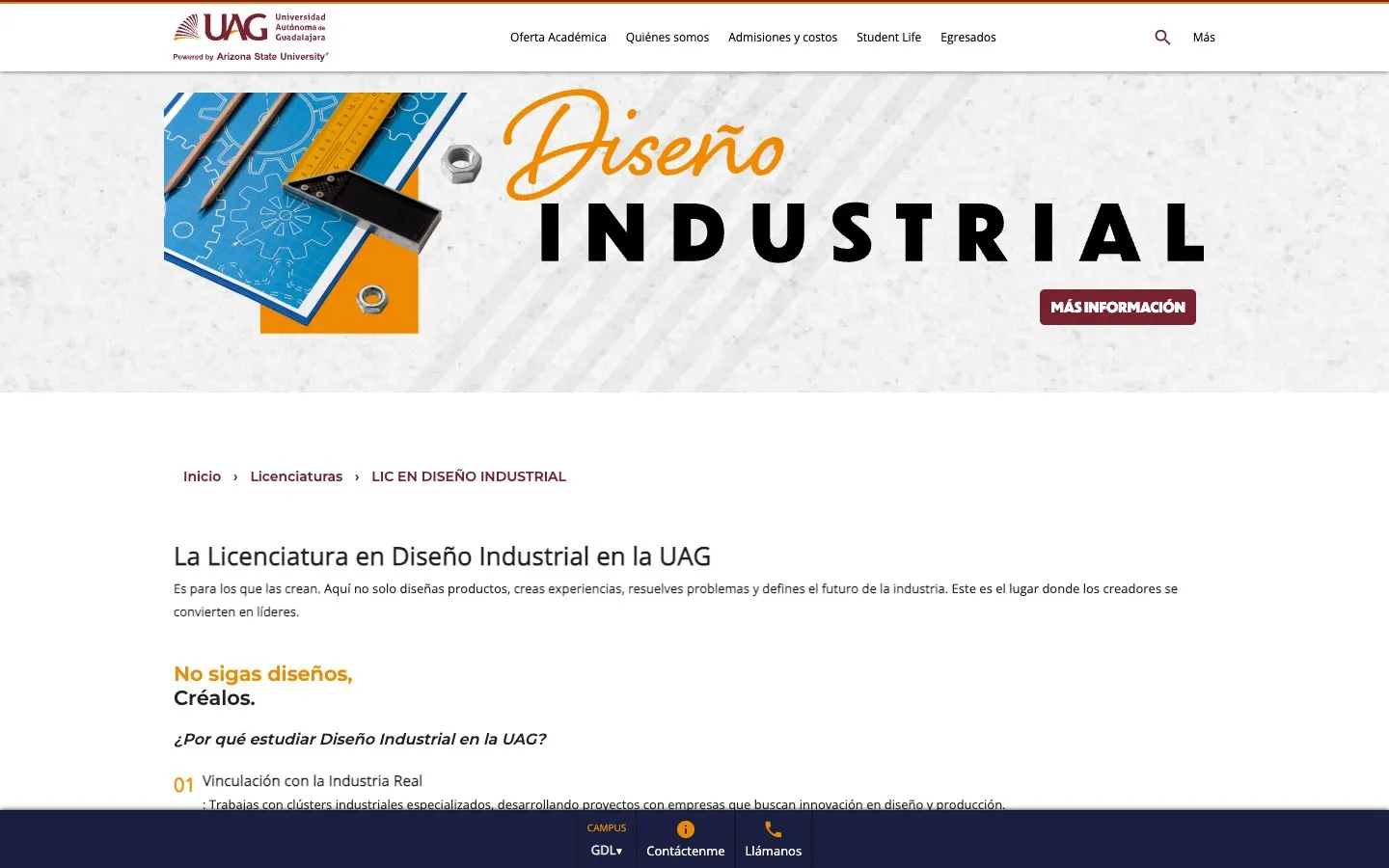 El sitio web de UAG – Licenciatura en Diseño Industrial