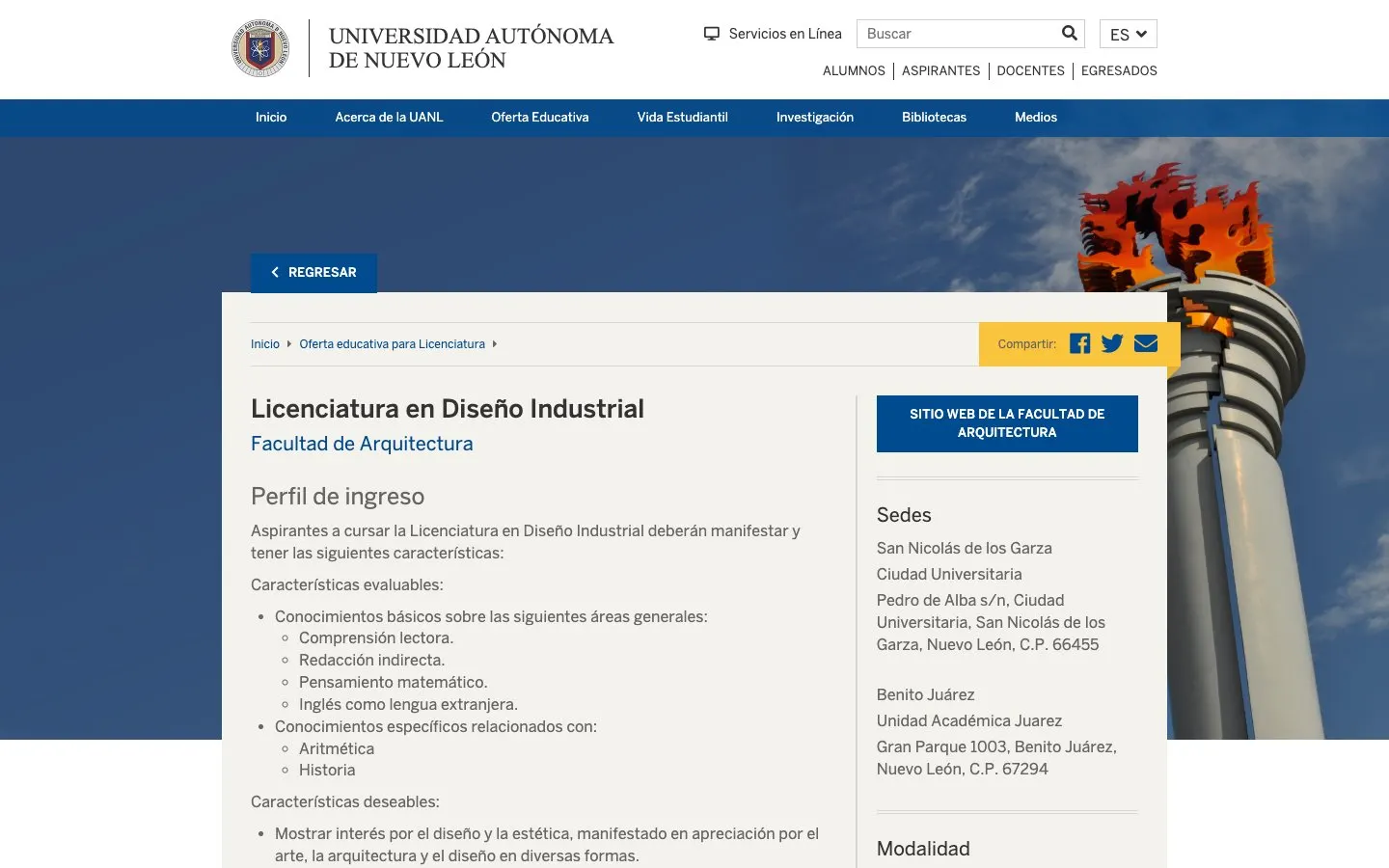 Die Website von UANL – Facultad de Arquitectura, Diseño Industrial