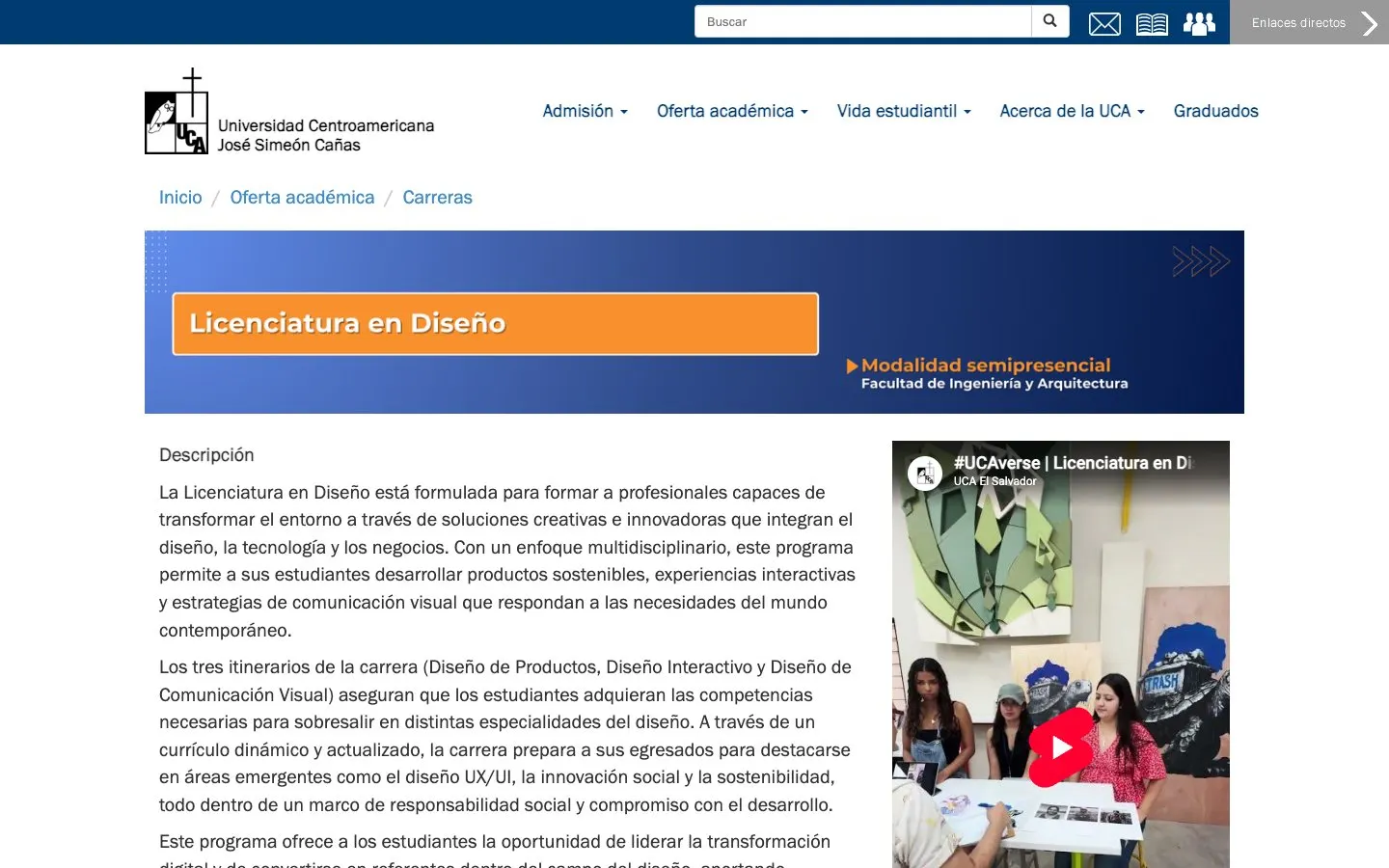 The website of UCA – Licenciatura en Diseño