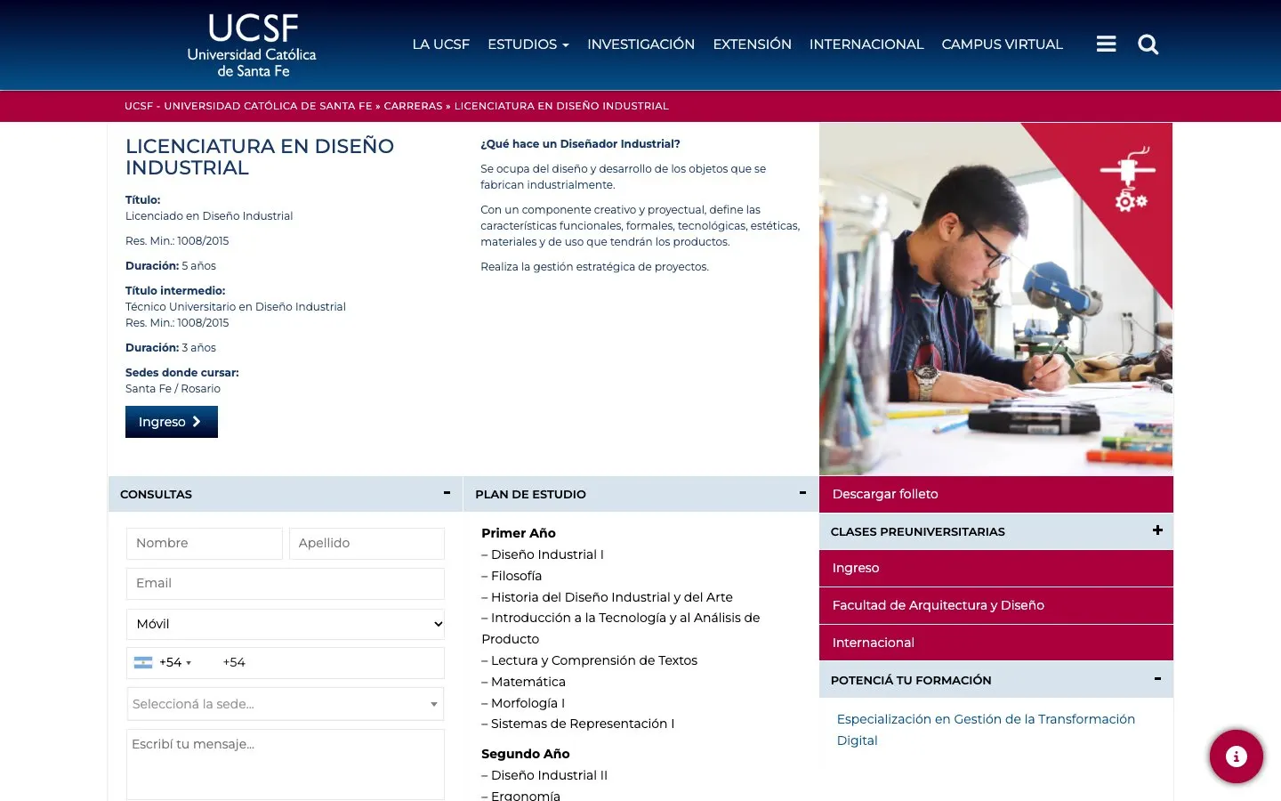 The website of UCSF – Licenciatura en Diseño Industrial