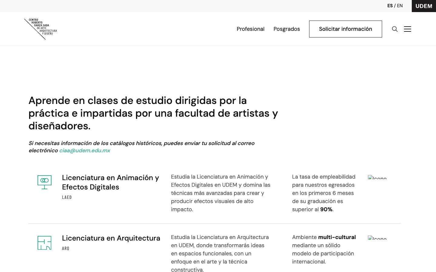 The website of UDEM – Centro Roberto Garza Sada