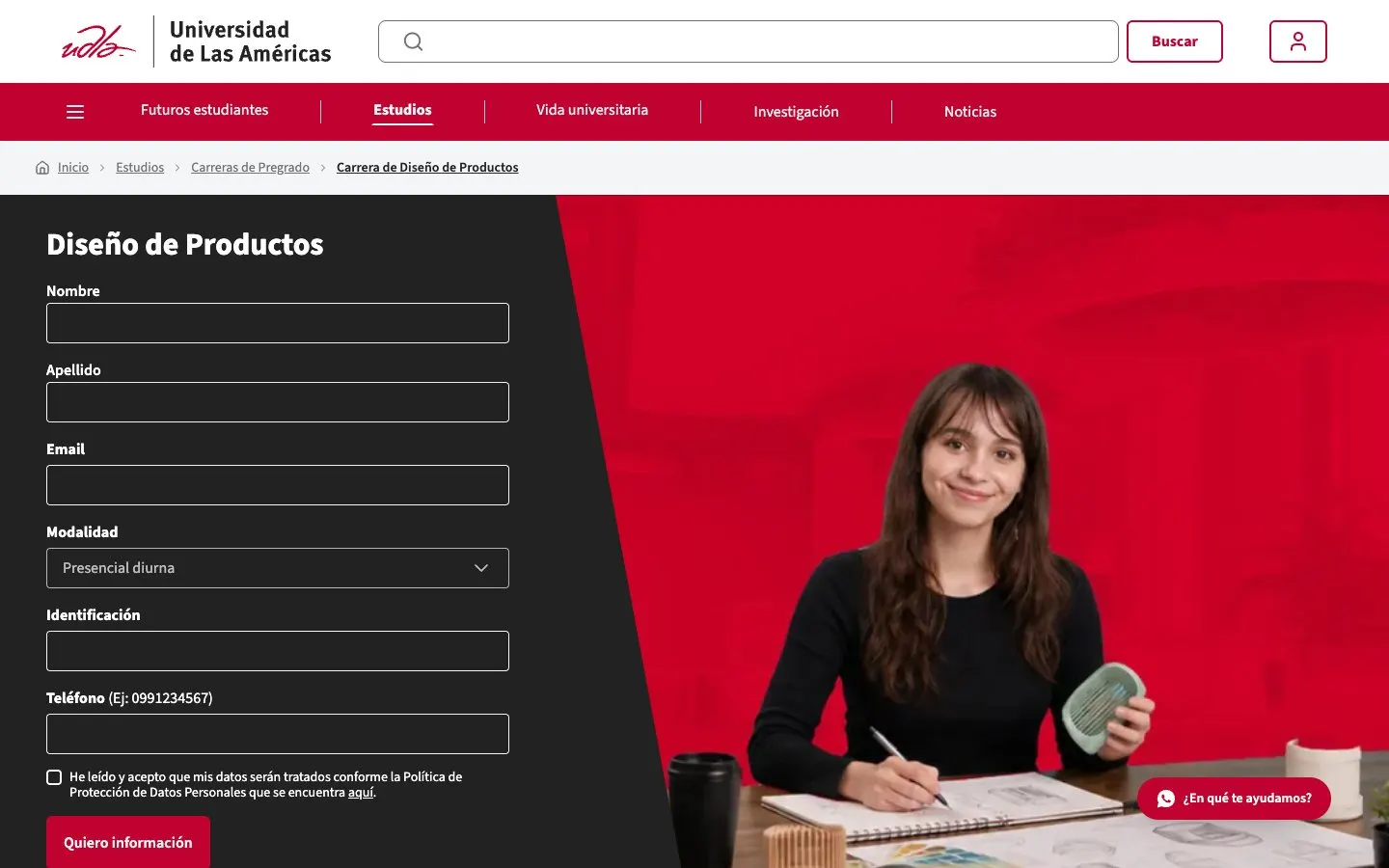 The website of UDLA – Diseño de Productos