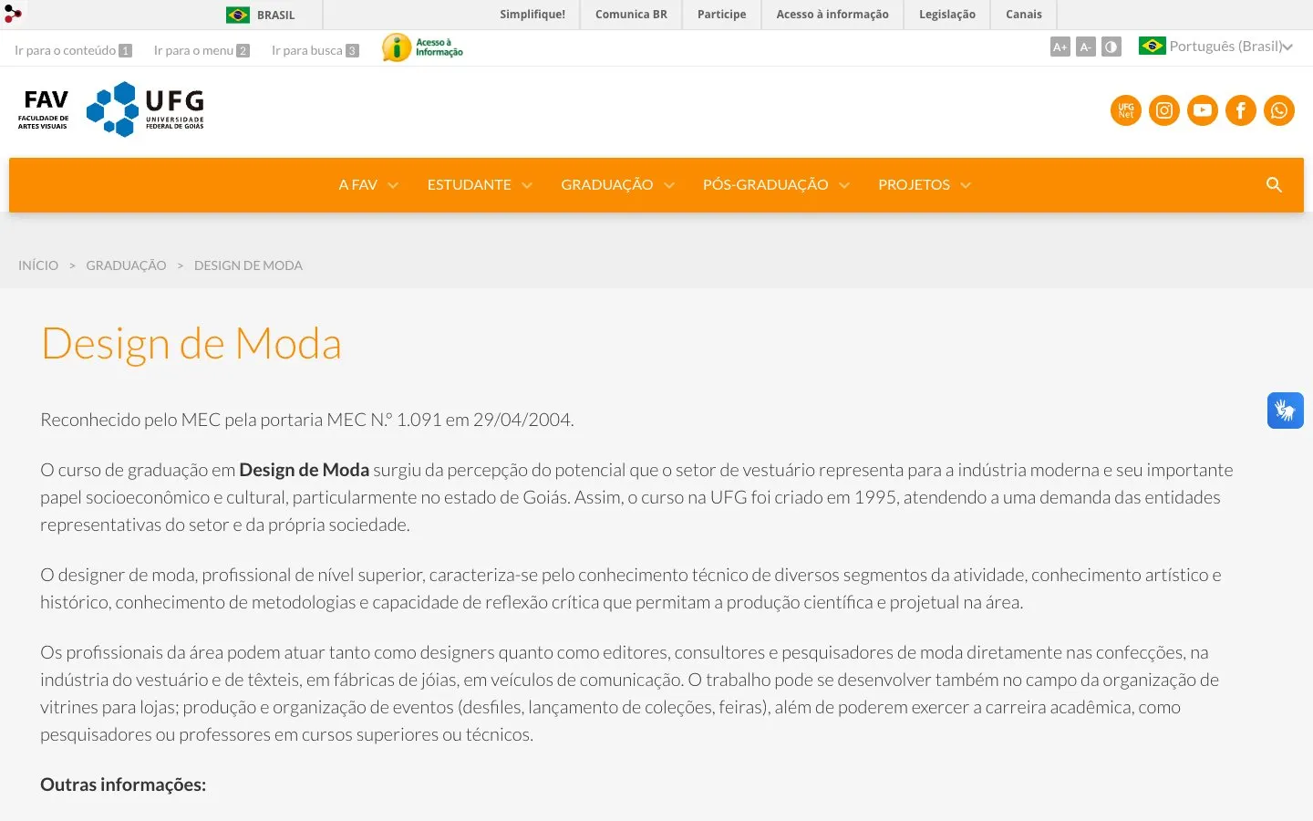 The website of UFG – FAV Design de Moda e Design de Produto