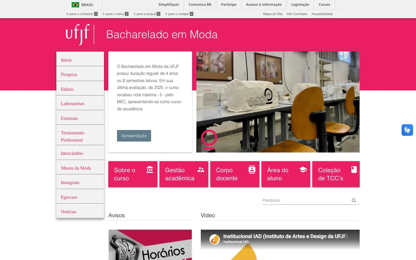 Die Website von UFJF – Bacharelado em Moda