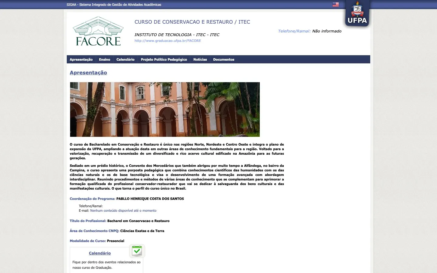 The website of UFPA – Conservação e Restauro