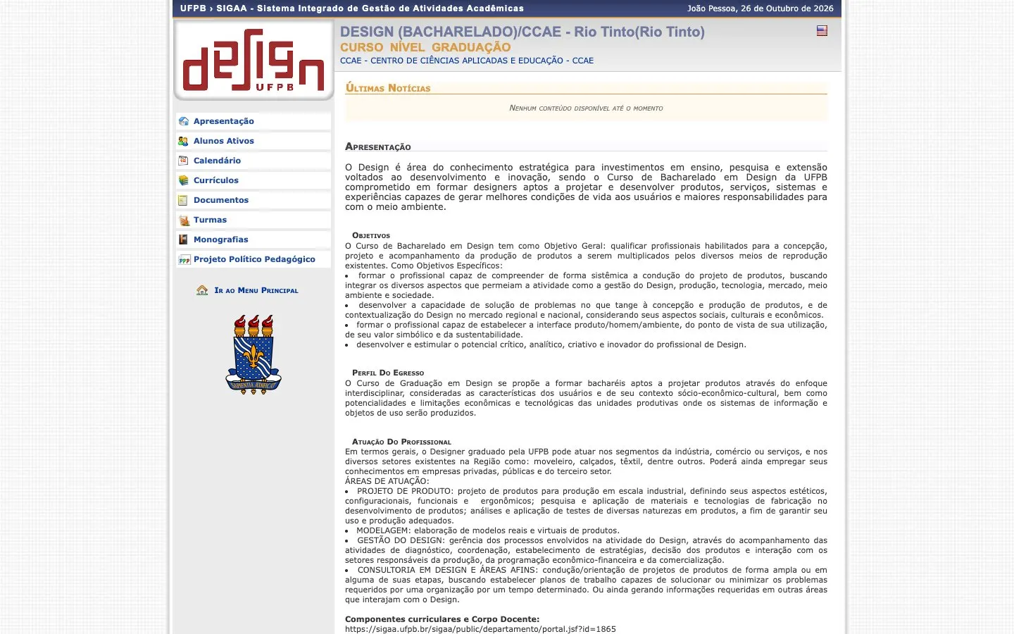 Il sito di UFPB – Design (Rio Tinto)