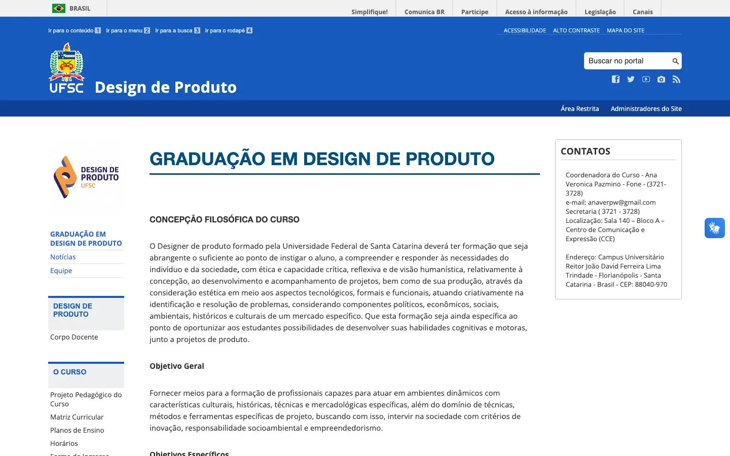 The website of UFSC – Design de Produto