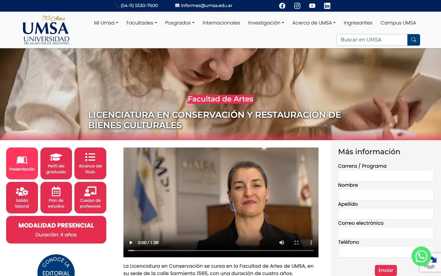 Die Website von UMSA – Conservación y Restauración de Bienes Culturales