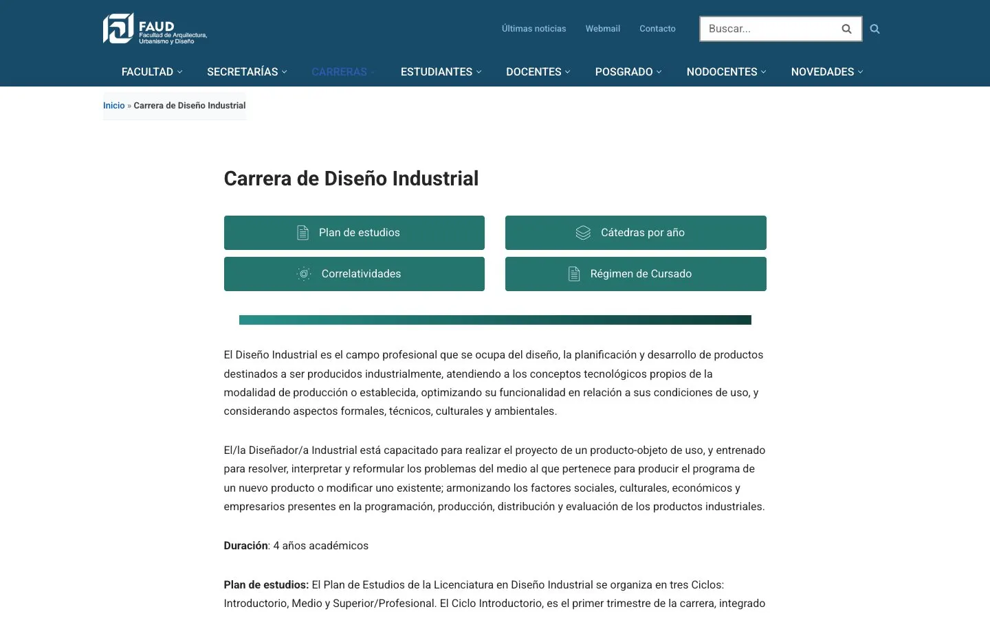 Die Website von UNC – FAUD, Licenciatura en Diseño Industrial