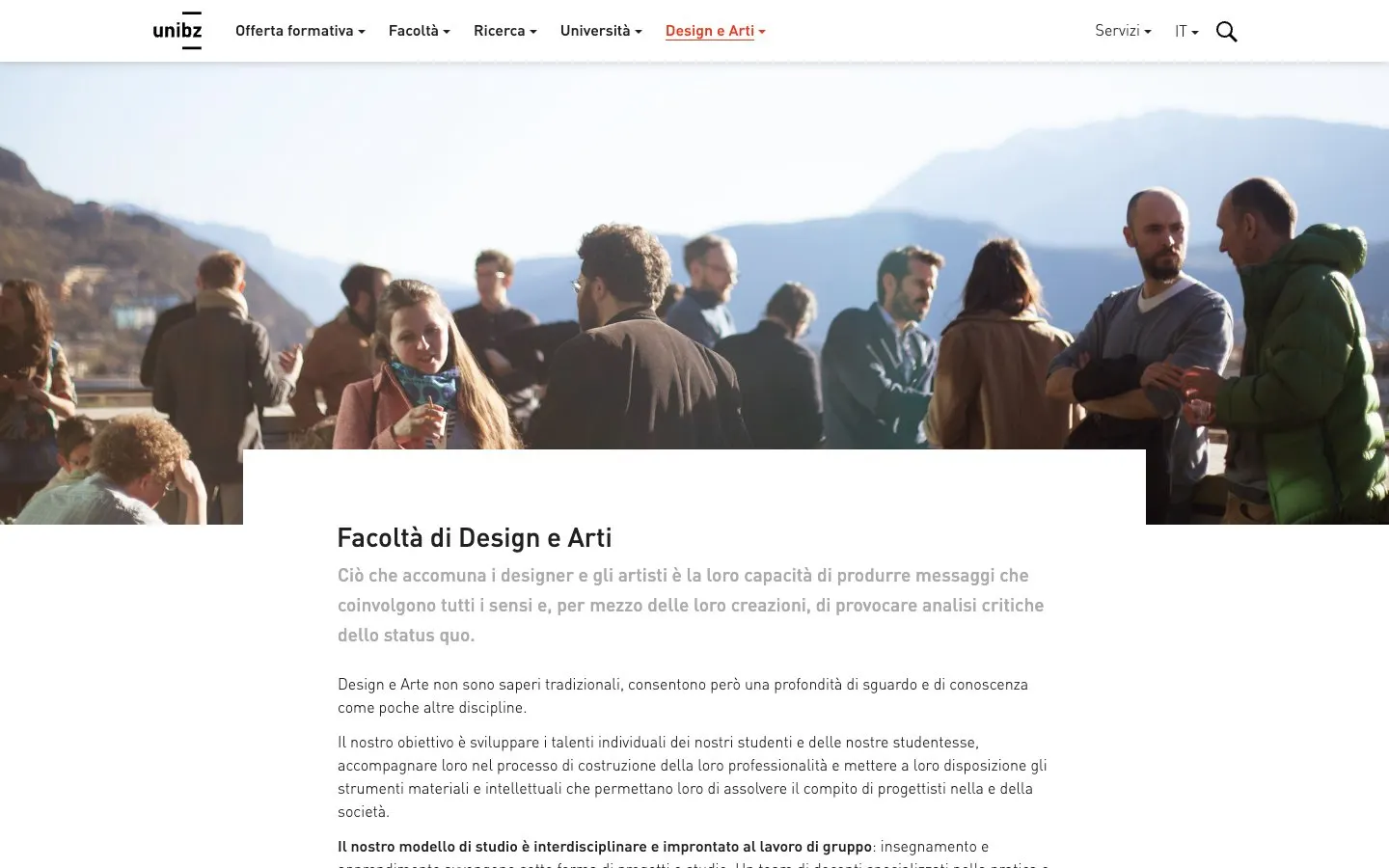 The website of unibz – Facoltà di Design e Arti