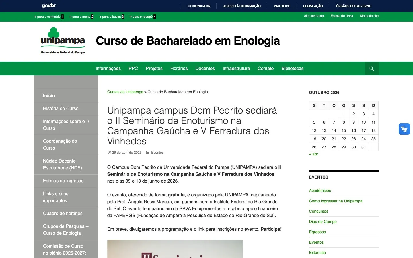 The website of Unipampa – Campus Dom Pedrito (Enologia)