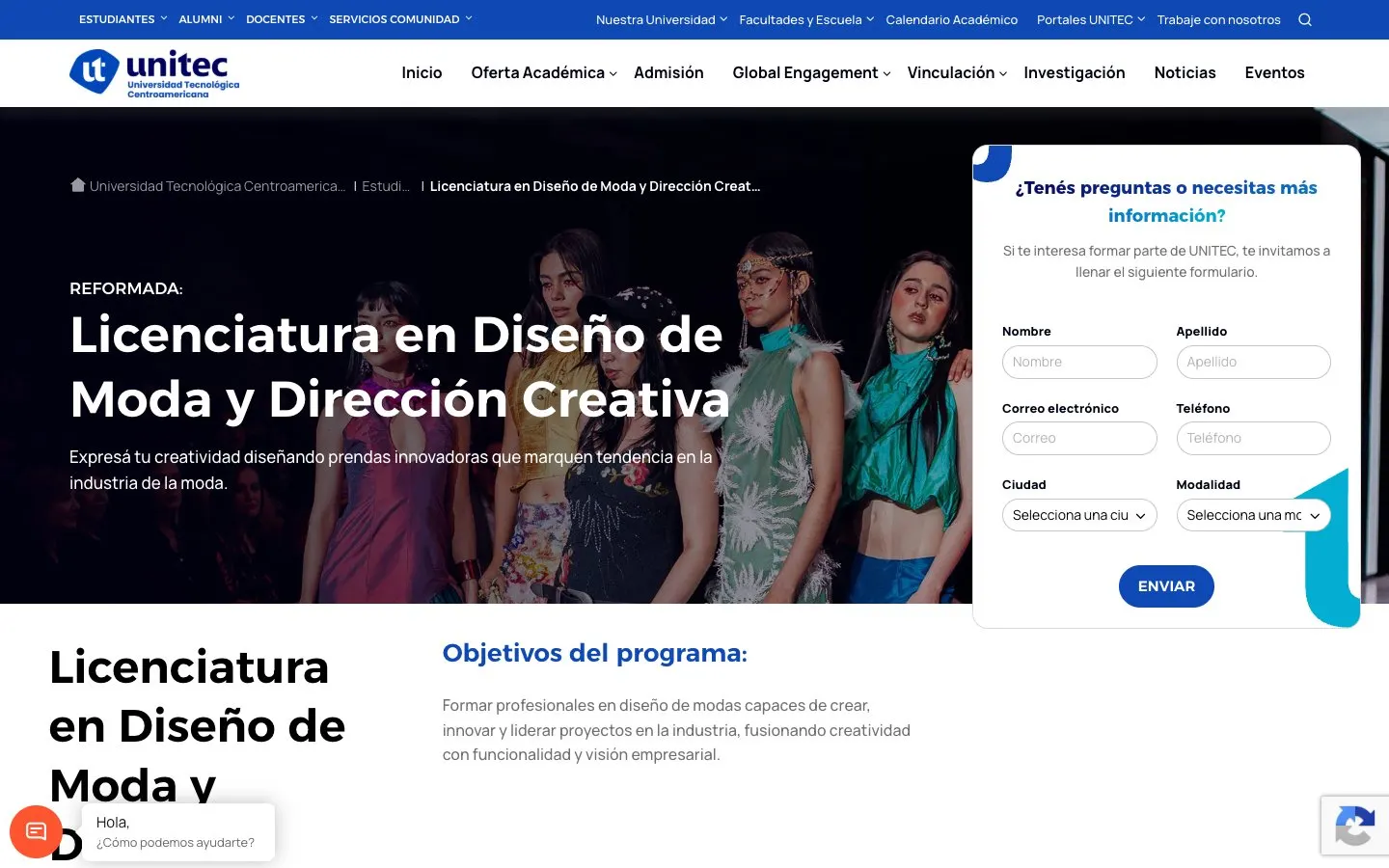 The website of UNITEC – Diseño de Moda y Dirección Creativa