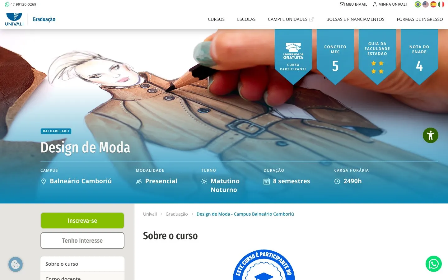 The website of Univali – Design de Moda