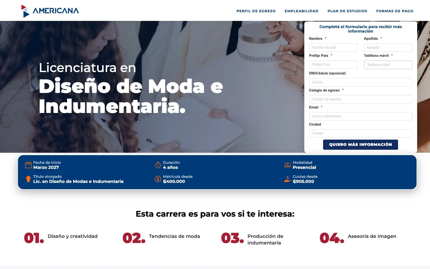 The website of Universidad Americana – Diseño de Moda e Indumentaria