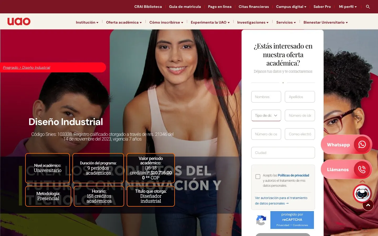 The website of Universidad Autónoma de Occidente – Diseño Industrial