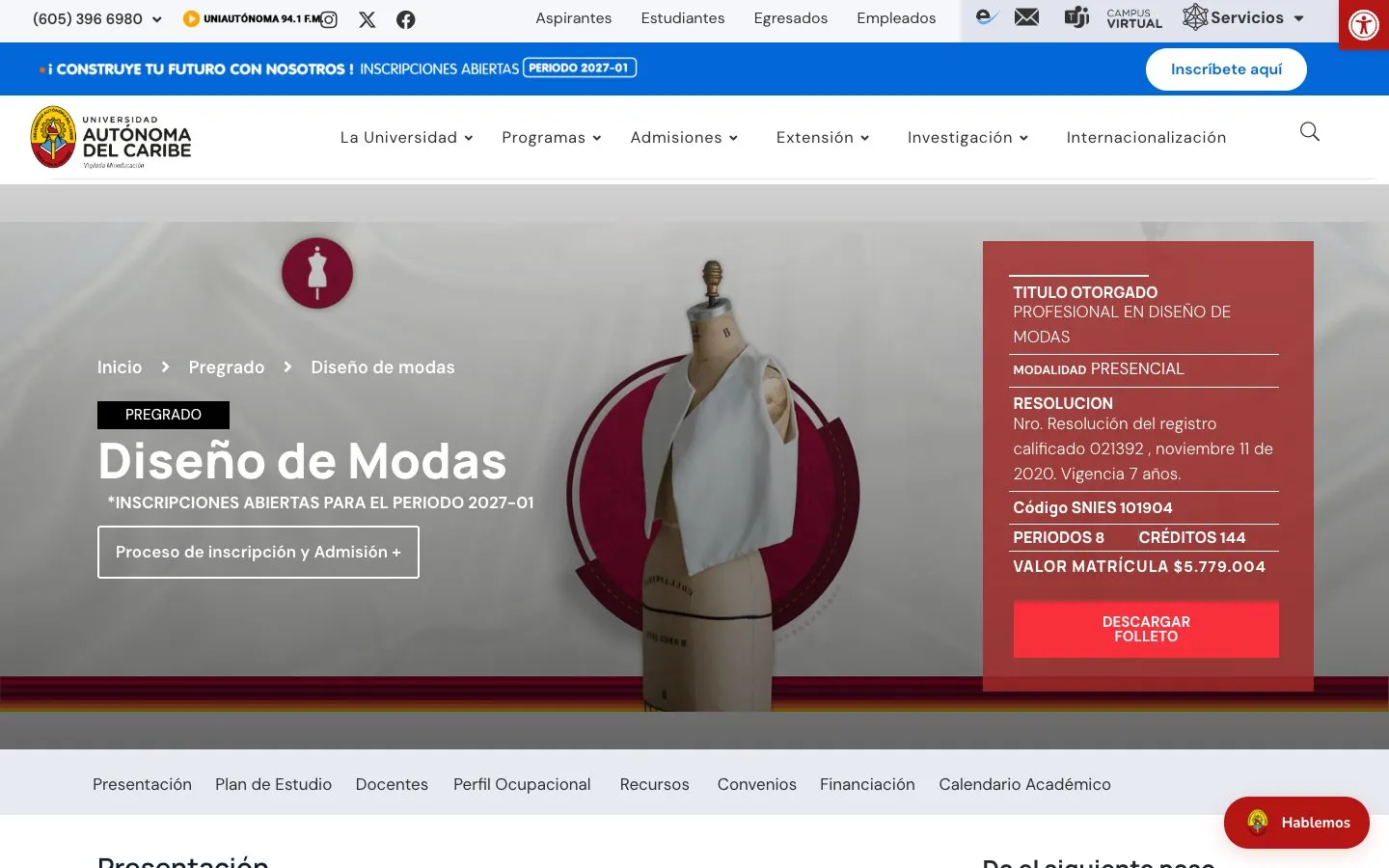 The website of Universidad Autónoma del Caribe – Diseño de Modas