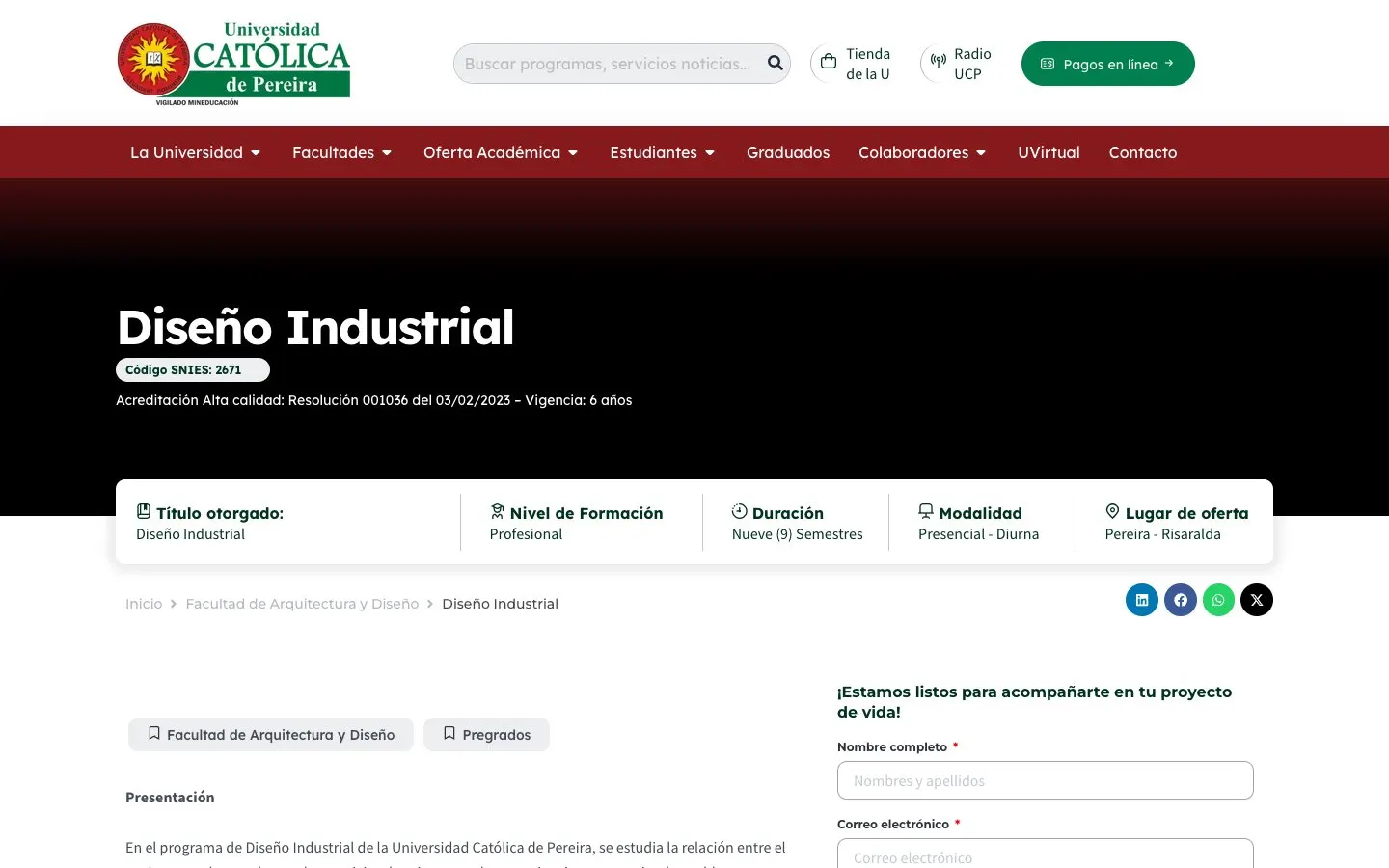 The website of Universidad Católica de Pereira – Diseño Industrial