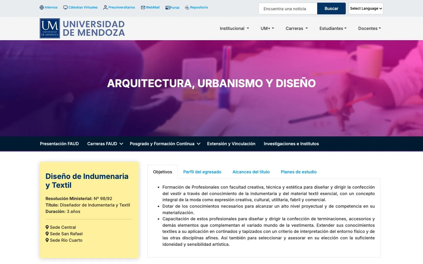 Il sito di Universidad de Mendoza – Diseño de Indumentaria y Textil
