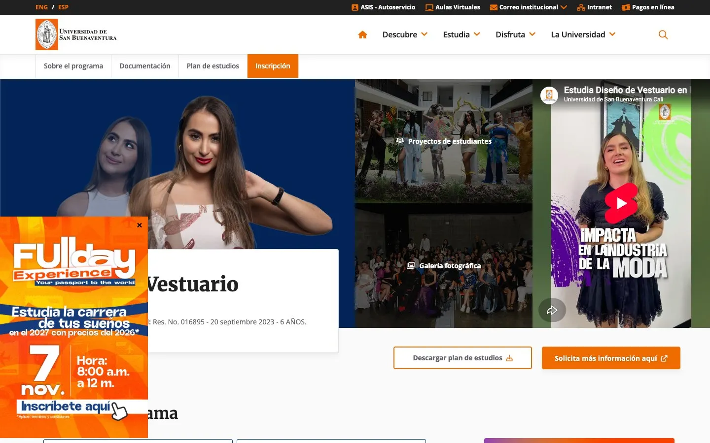 The website of Universidad de San Buenaventura Cali – Diseño de Vestuario
