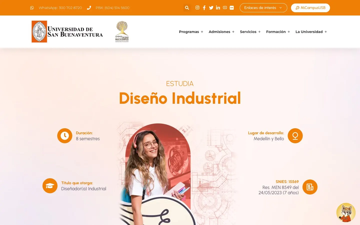 The website of Universidad de San Buenaventura Medellín – Diseño Industrial