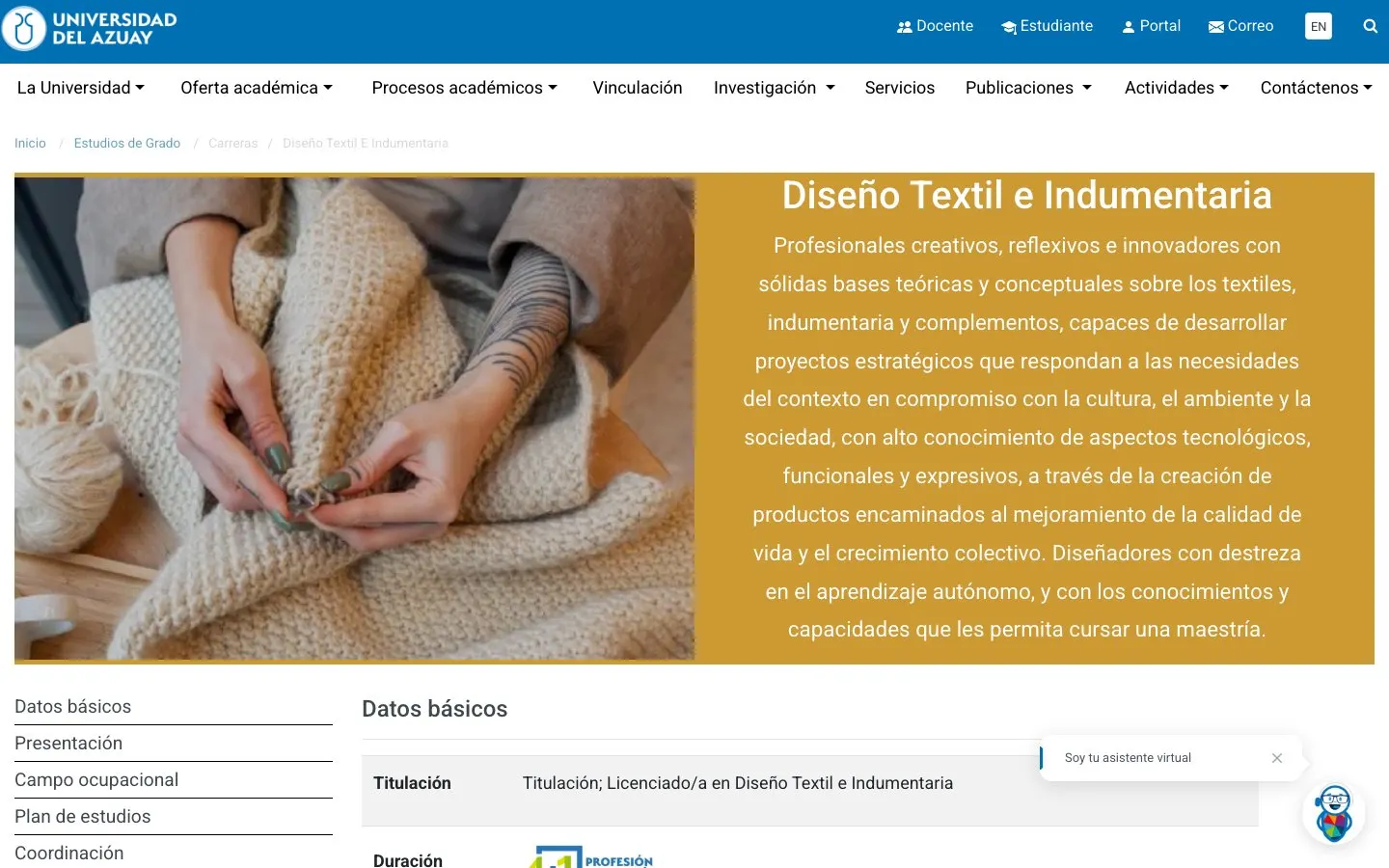 The website of Universidad del Azuay – Diseño Textil e Indumentaria
