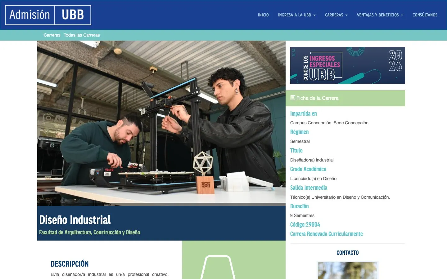 The website of Universidad del Bío-Bío – Diseño Industrial