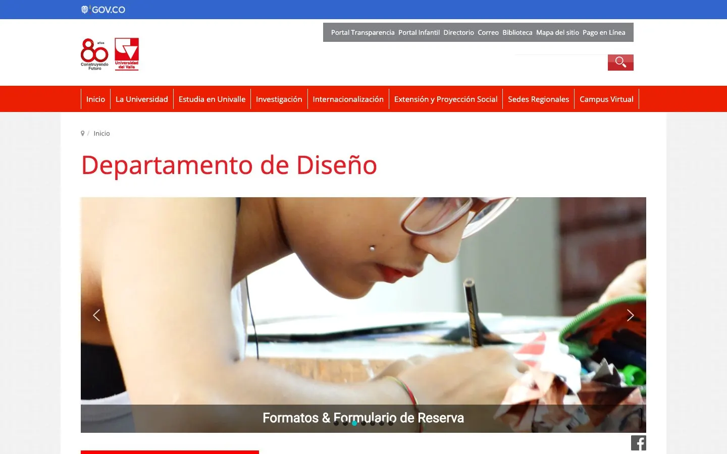 The website of Universidad del Valle – Departamento de Diseño