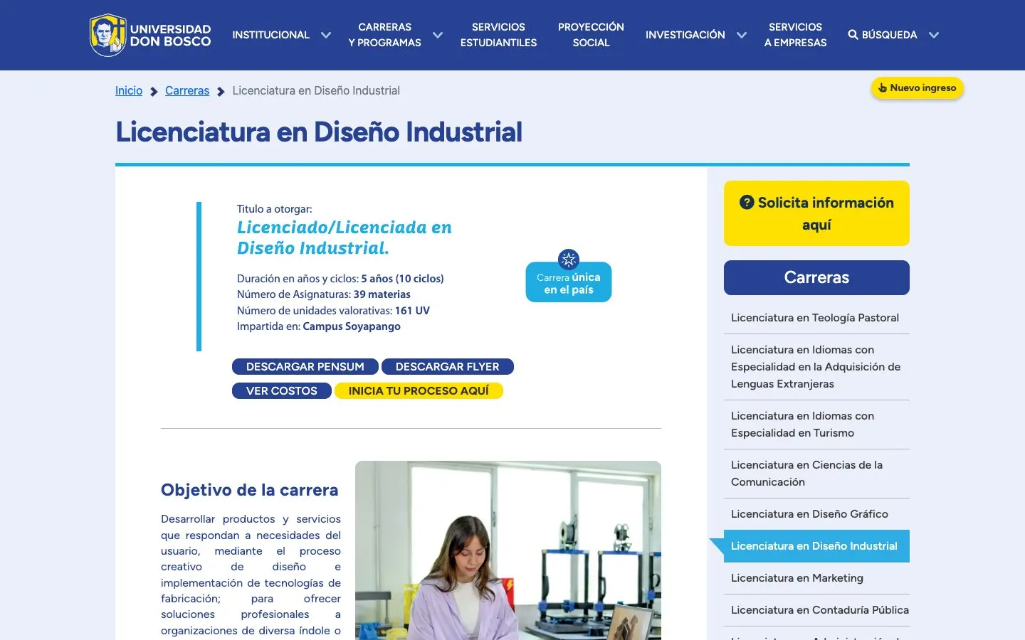 The website of Universidad Don Bosco – Diseño Industrial