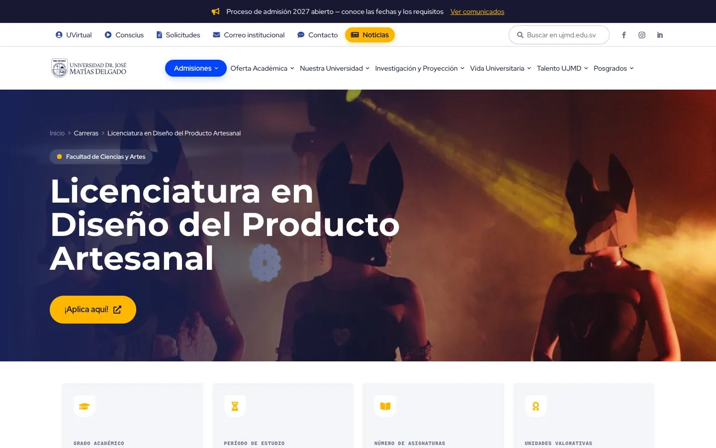 The website of Universidad Dr. José Matías Delgado – Diseño del Producto Artesanal