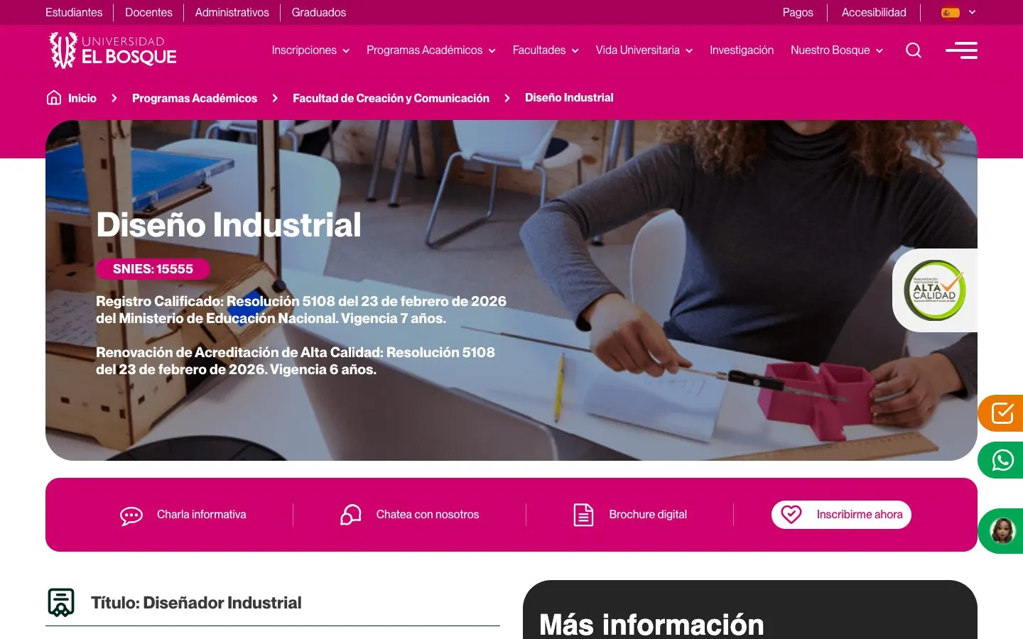 The website of Universidad El Bosque – Diseño Industrial