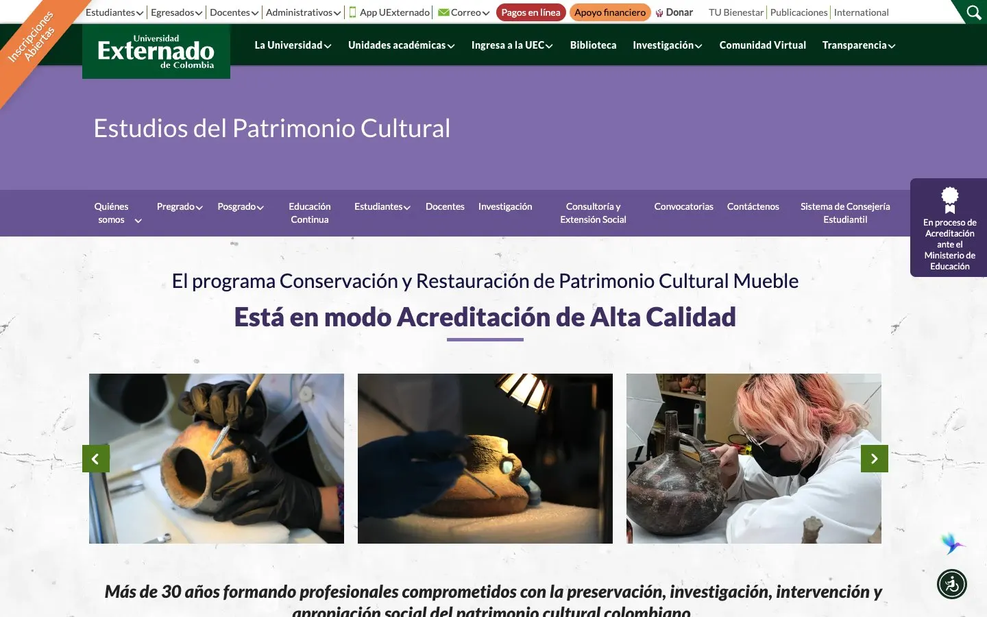The website of Universidad Externado de Colombia – Conservación y Restauración de Patrimonio Cultural Mueble