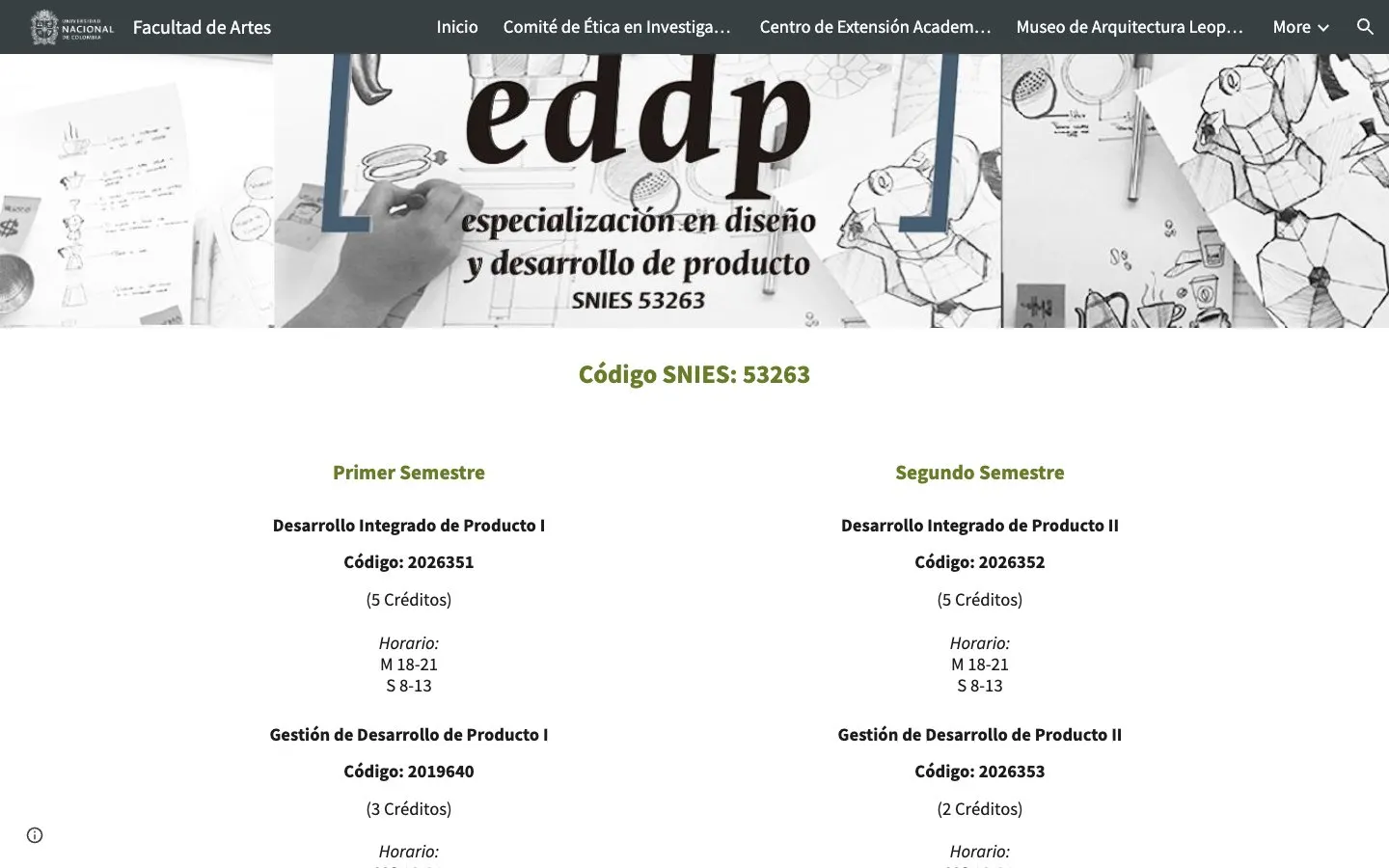 The website of Universidad Nacional de Colombia – Facultad de Artes (Especialización en Diseño y Desarrollo de Producto), Bogotá
