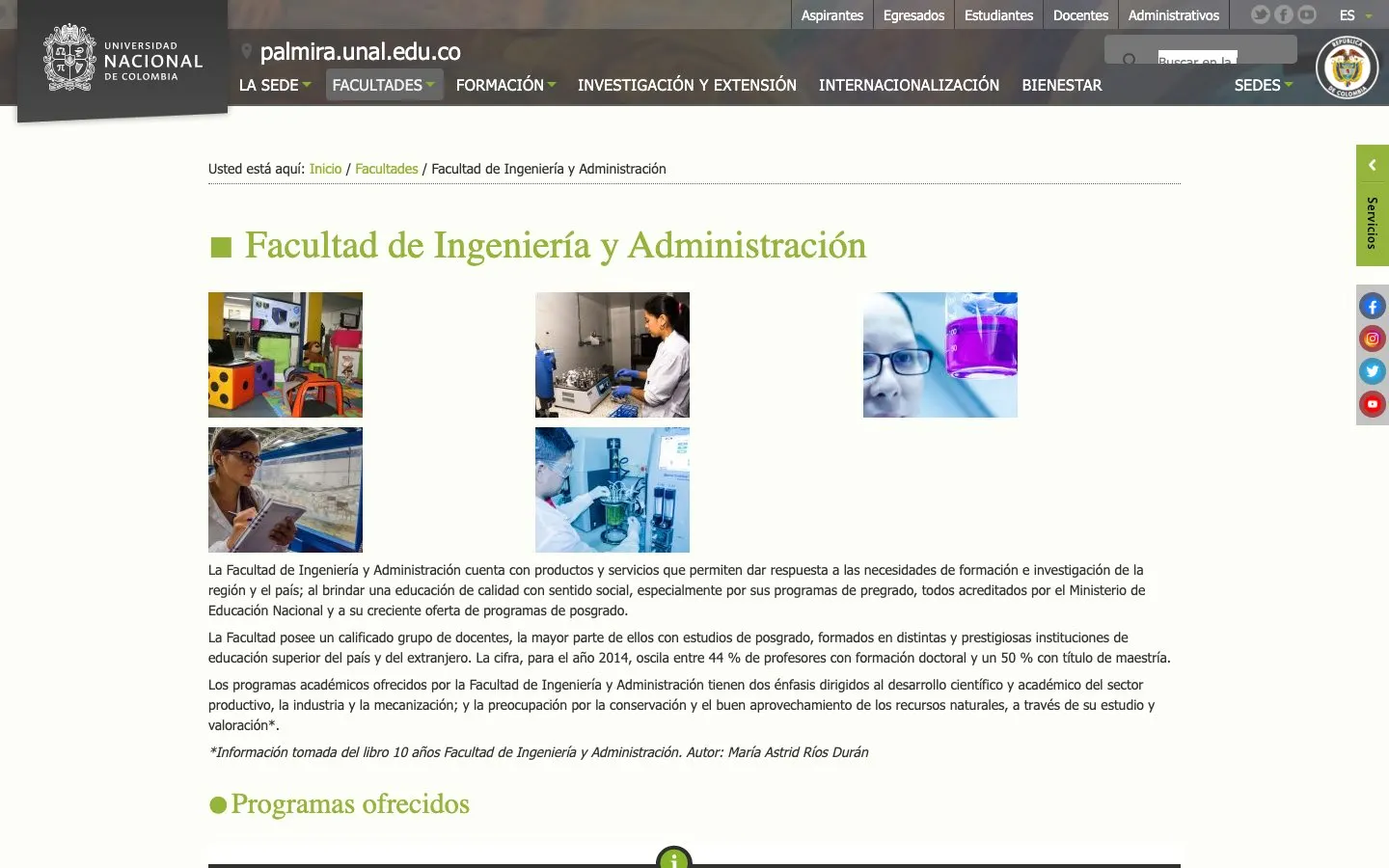 The website of Universidad Nacional de Colombia, Sede Palmira – Diseño Industrial
