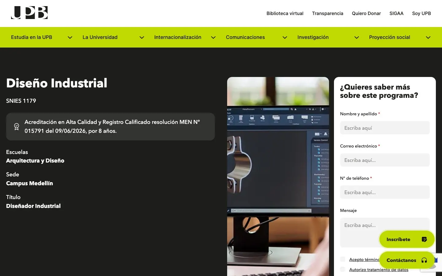 The website of Universidad Pontificia Bolivariana – Diseño Industrial y Diseño de Vestuario