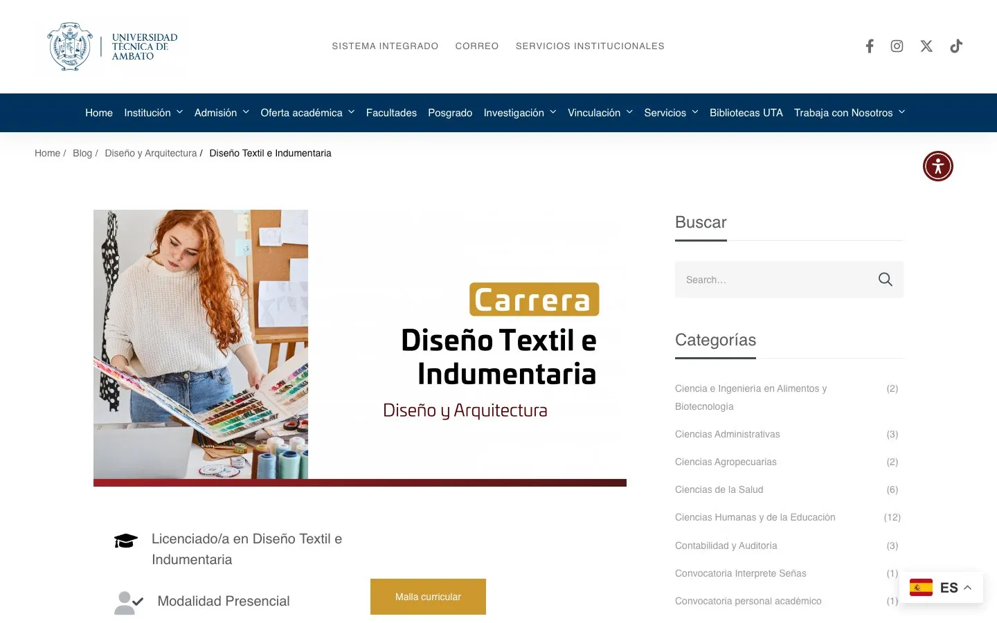The website of Universidad Técnica de Ambato – Diseño Textil e Indumentaria