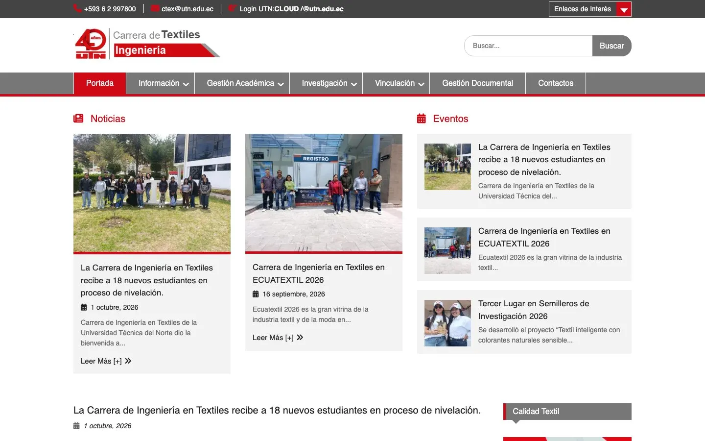 Il sito di Universidad Técnica del Norte – Ingeniería en Textiles