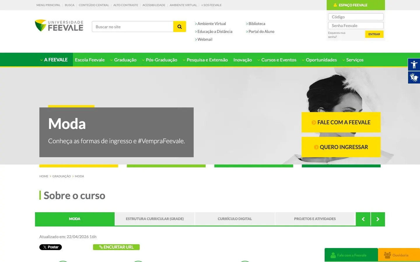 The website of Universidade Feevale – Moda e Design