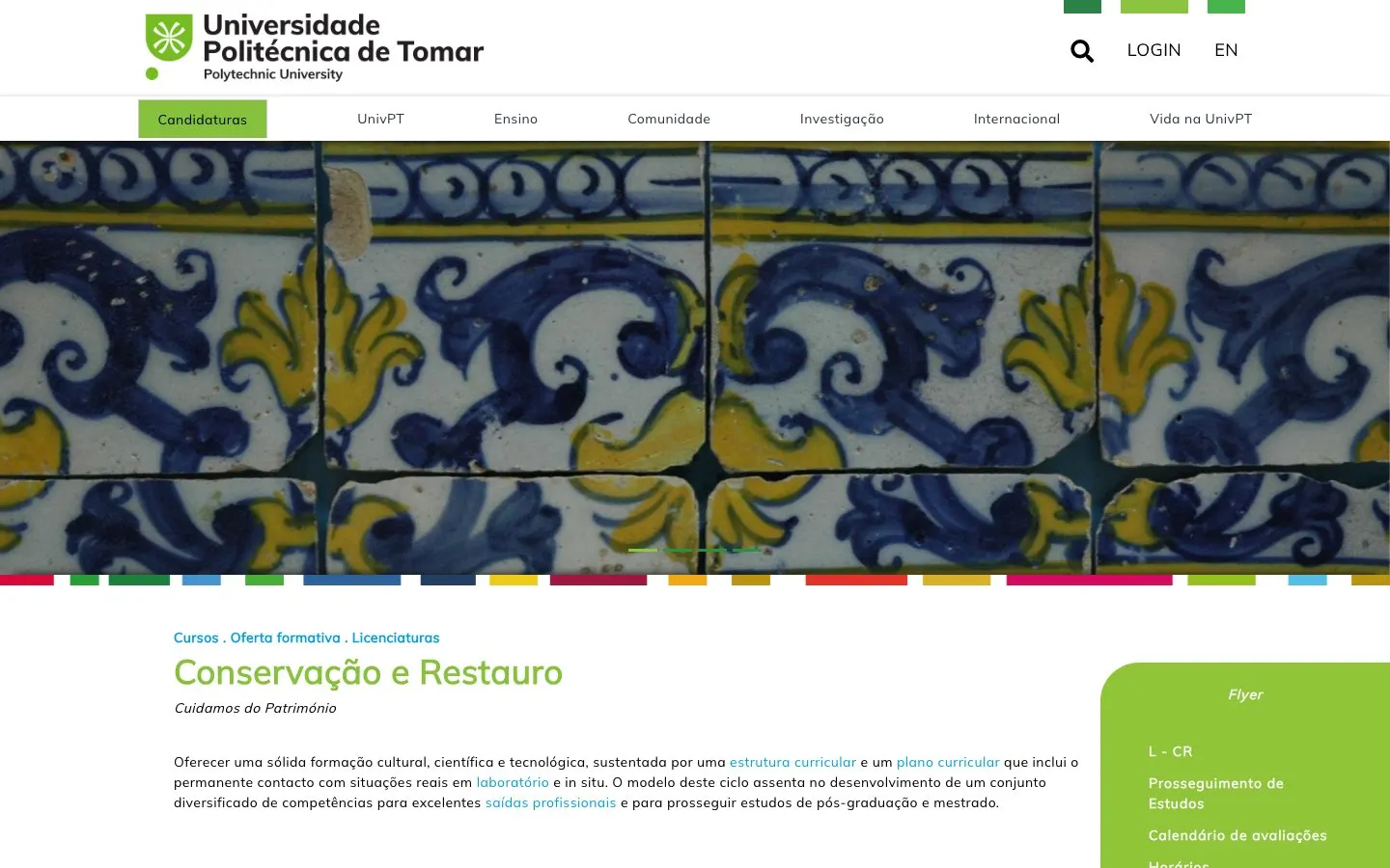 The website of Universidade Politécnica de Tomar – Conservação e Restauro