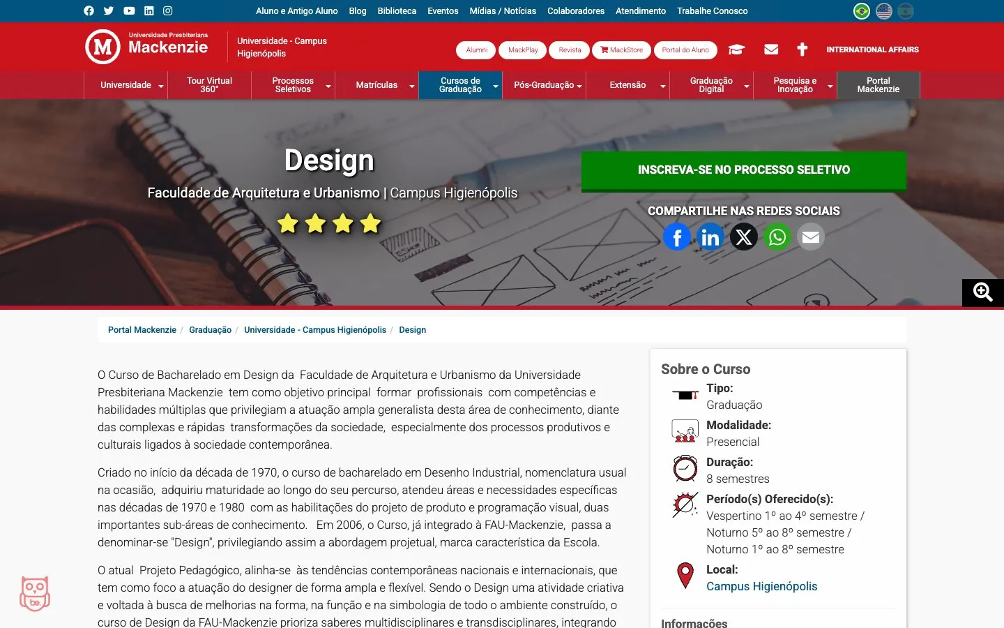 الموقع الإلكتروني لـ Universidade Presbiteriana Mackenzie – Design