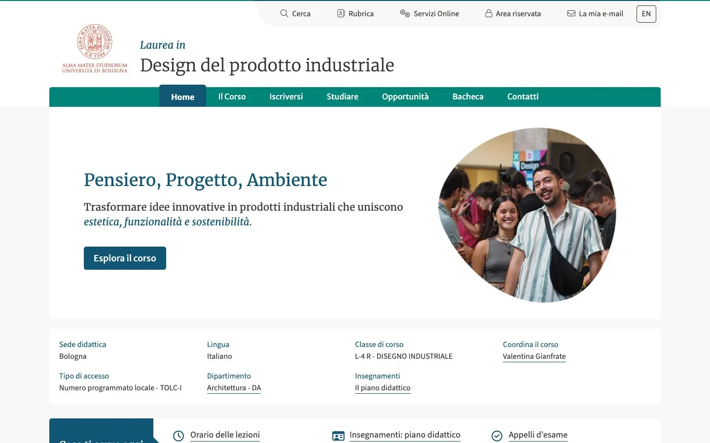 The website of Università di Bologna – Design del prodotto industriale