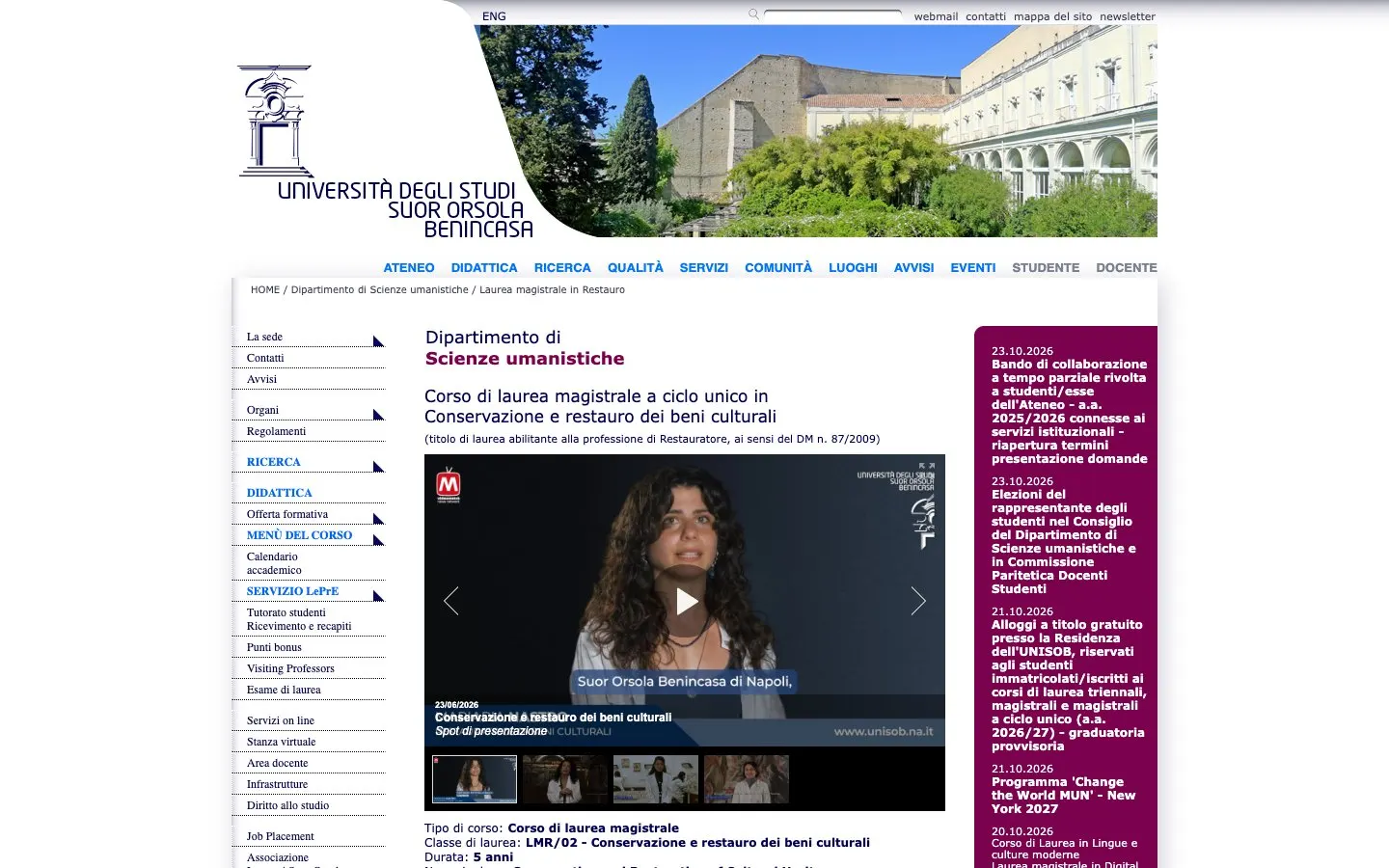Le site de Università Suor Orsola Benincasa – Conservazione e restauro dei beni culturali