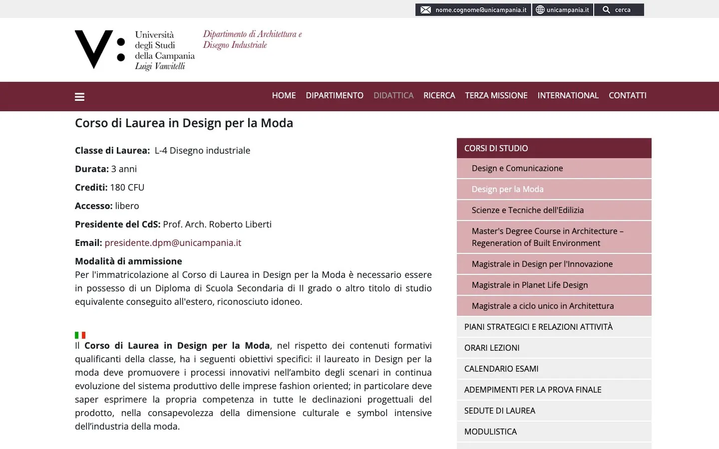 El sitio web de Università Vanvitelli – Design per la Moda