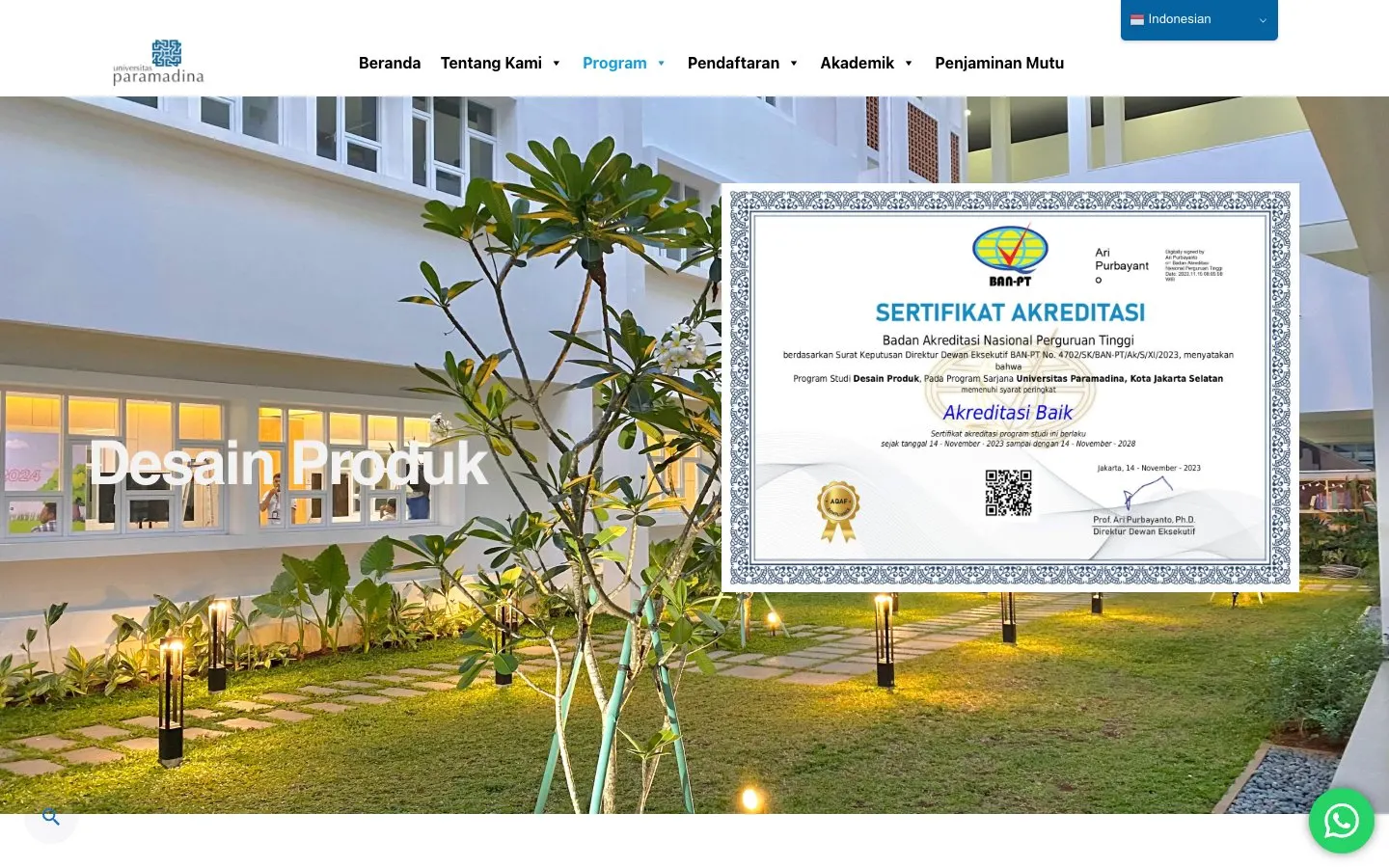 The website of Universitas Paramadina – Desain Produk